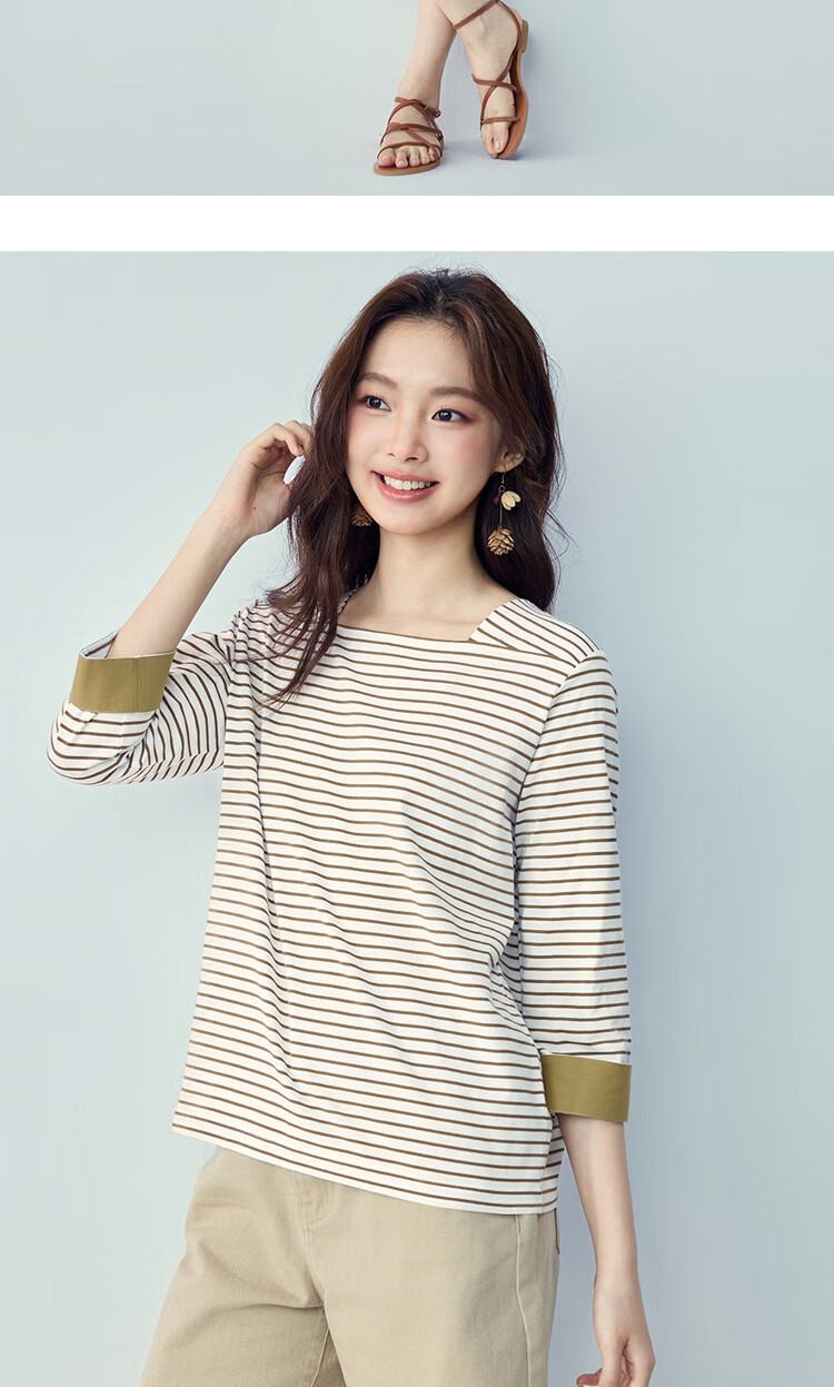 Giordano Women's Striped T-Shirt Summer New Pure Cotton Nautical Square Neck Three-Quarter Sleeve Casual Top 13326236 13