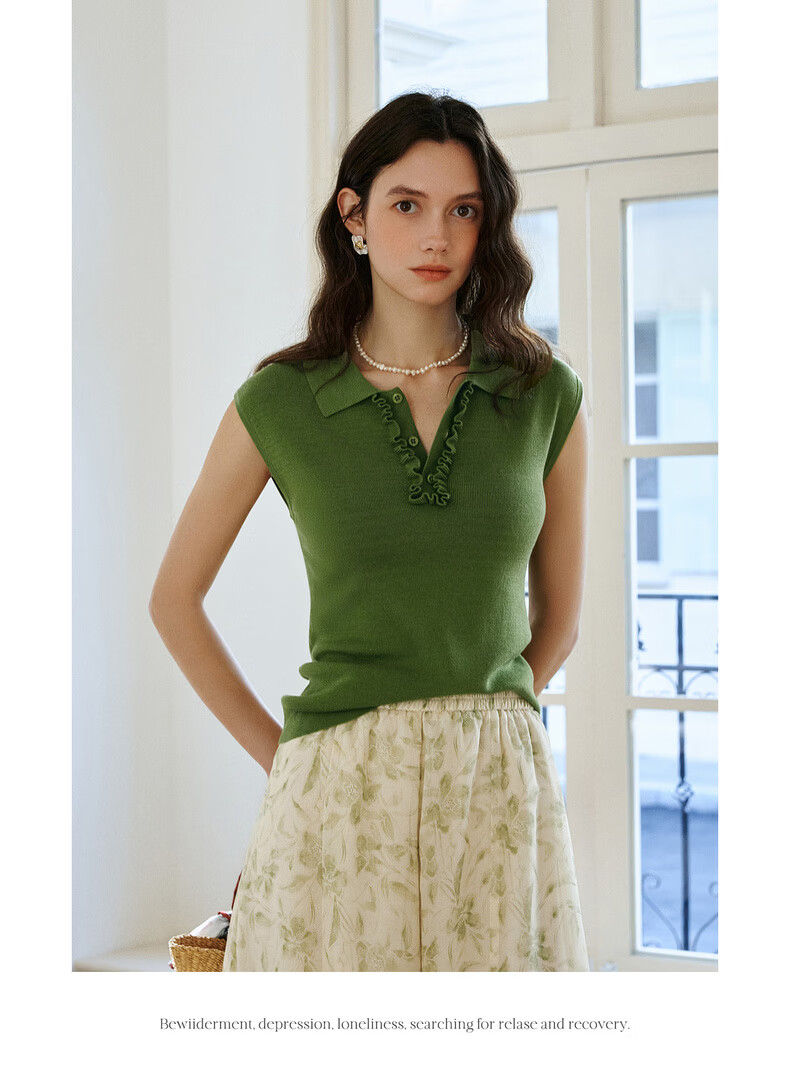 Olrain Eurielle Summer New Retro Brightening Green Polo Collar Slim Fit Short Sleeve Knit Top Women Green XL 11