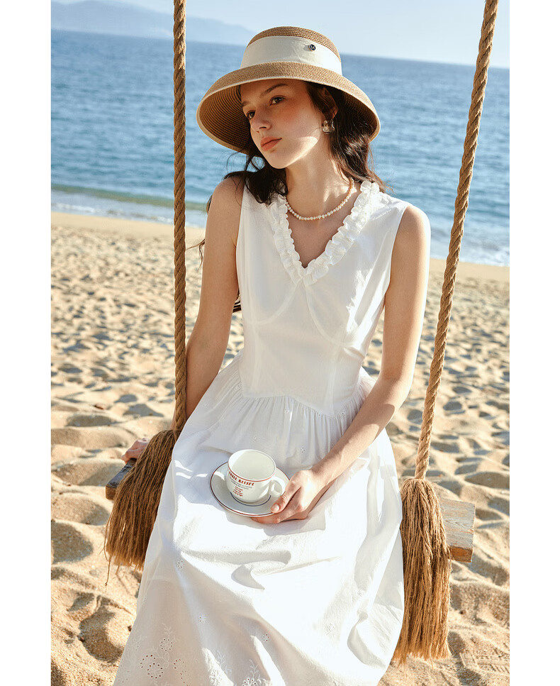 Olrain European Style Summer New French V-Neck Slim Fit Vest Dress for Women Mid-Length Dress Off-White XL 13