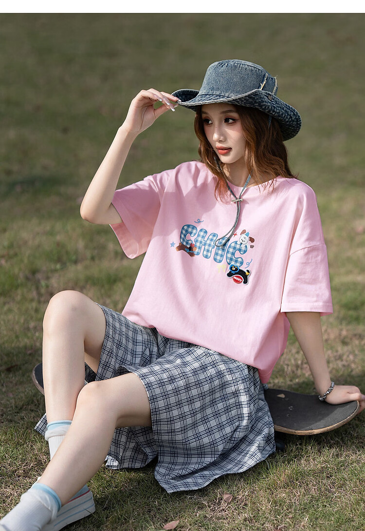 TonLion 2025 Summer Women's Crew Neck Plaid Letter Short Sleeve T-Shirt 13