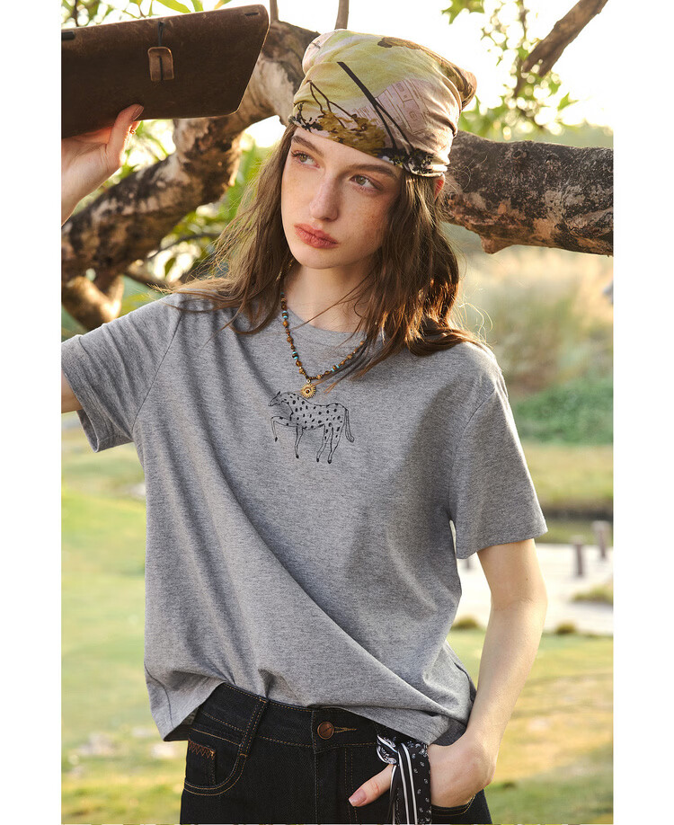 Olrain Summer New Pure Cotton Casual Loose Women's Printed Design Commuter Short Sleeve T-Shirt Black XL 14