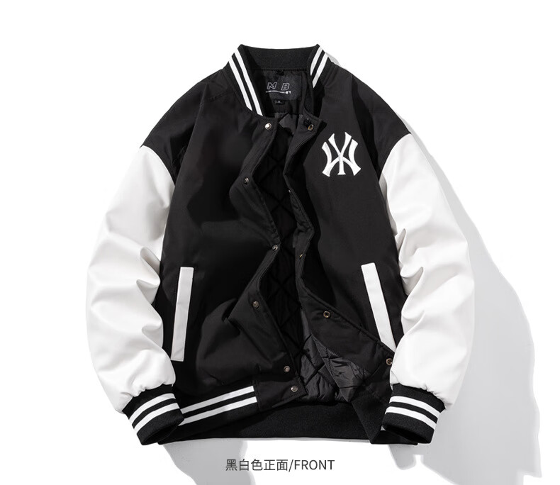 boy bees潮牌青年街潮拼色ny外套加棉加厚学生拼皮夹克男连帽棒球服男