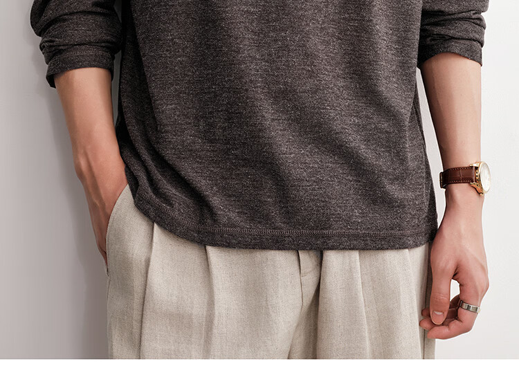 HAUT TON Fine Herringbone Texture Long Sleeve T-Shirt Men 2026 Spring Autumn New Base Layer Henley Collar Top 6002 12