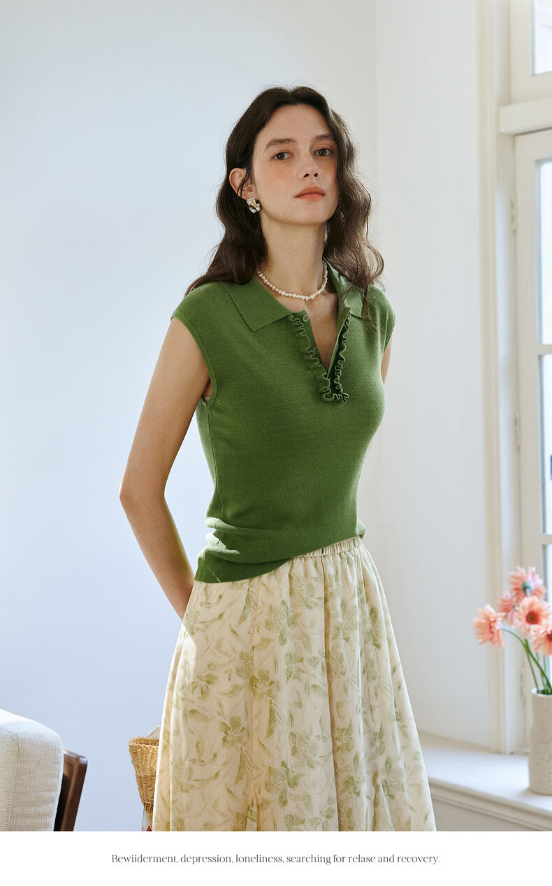 Olrain Eurielle Summer New Retro Brightening Green Polo Collar Slim Fit Short Sleeve Knit Top Women Green XL 6