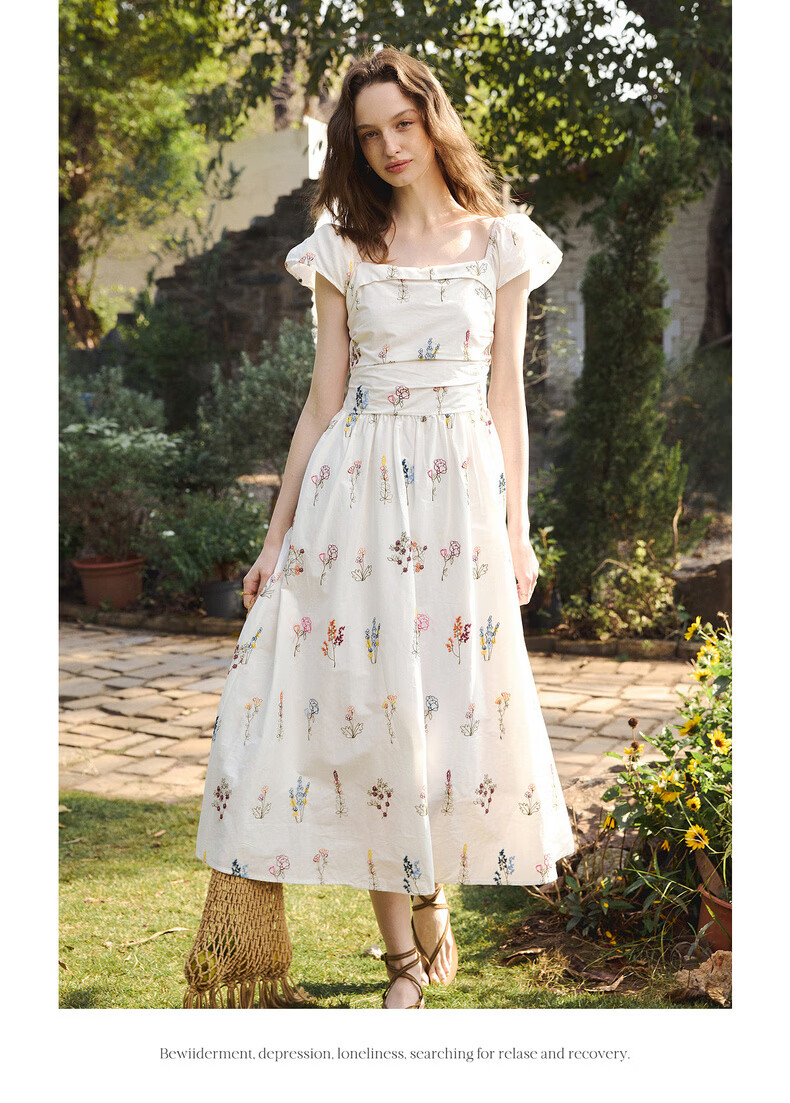 Olrain Women's Summer New Square Neck Puff Sleeve Floral Heavy Embroidery Waist Dress Colorful XL 8