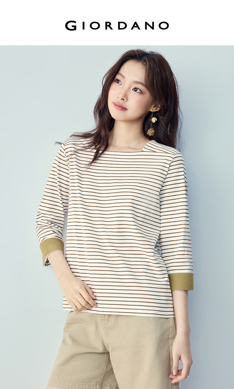Giordano Women's Striped T-Shirt Summer New Pure Cotton Nautical Square Neck Three-Quarter Sleeve Casual Top 13326236 3