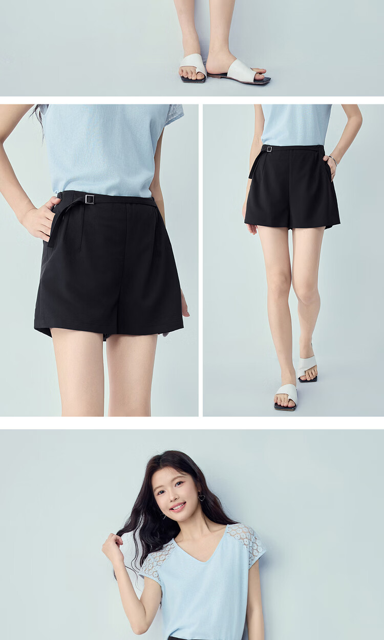 Giordano Women's Summer New Draped Four-Way Stretch Loose Belted High-Waist Straight Casual Shorts 05406305 15