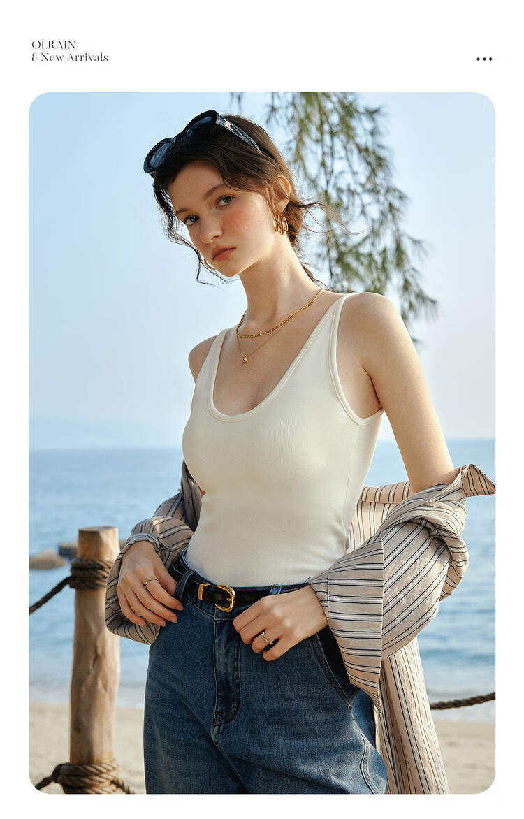 Olrain Summer Casual Large U-Neck One-Piece Padded Slim Fit Versatile Camisole White One Size 2