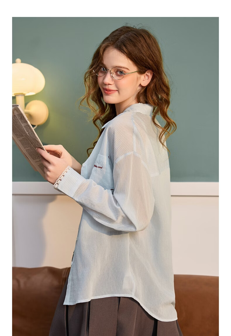 TonLion 2026 Spring Women's Striped Long Sleeve Shirt Light Blue XL 6