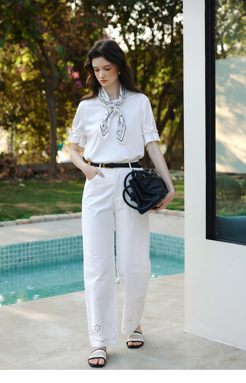 Olrain Summer New Ribbed Crew Neck Deconstructed Gathered Cuff Short Sleeve T-Shirt for Women, Off-White, Size S 15