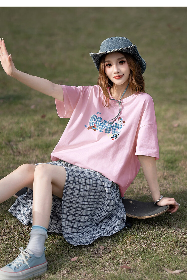 TonLion 2025 Summer Women's Crew Neck Plaid Letter Short Sleeve T-Shirt 17