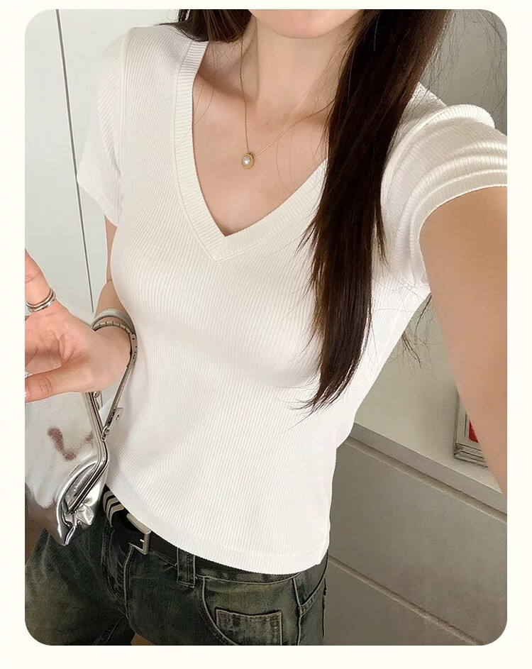 Urban Beauty Solid Color Short Sleeve Women's Summer White V-Neck Slim Fit T-Shirt Base Layer Top [White L] 14