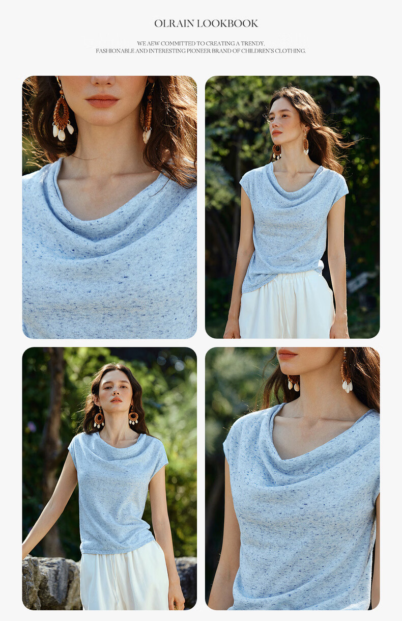 Olrain Summer New French Style Solid Color V-Neck Slim Fit Knit Top for Women Blue S 5