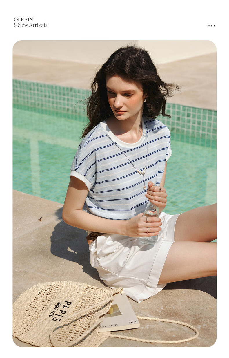 Olrain Summer New Blue and White Color Block Striped Loose Casual Commuting Short Sleeve T-Shirt for Women Striped L 2