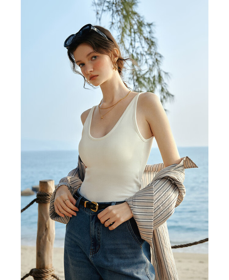 Olrain Summer Casual Large U-Neck One-Piece Padded Slim Fit Versatile Camisole White One Size 13