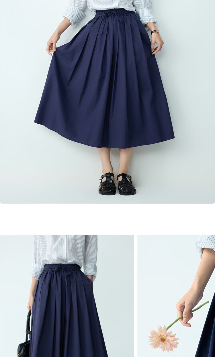 Giordano Women's Flared A-Line Skirt 2026 Summer New Pure Cotton Pleated Skirt Elastic Waist Midi Skirt 13466303 15