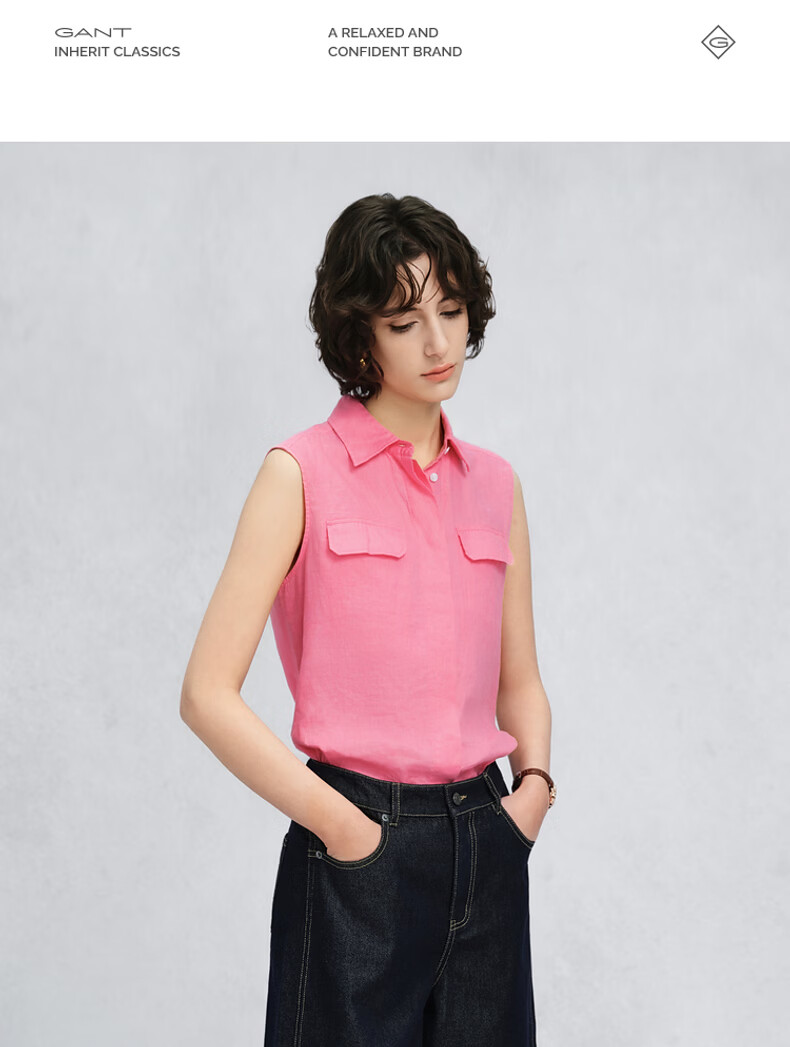 GANT Women's Spring Summer Pure Linen Striped Solid Vintage Coin Style Shirt 455-Blue S 6