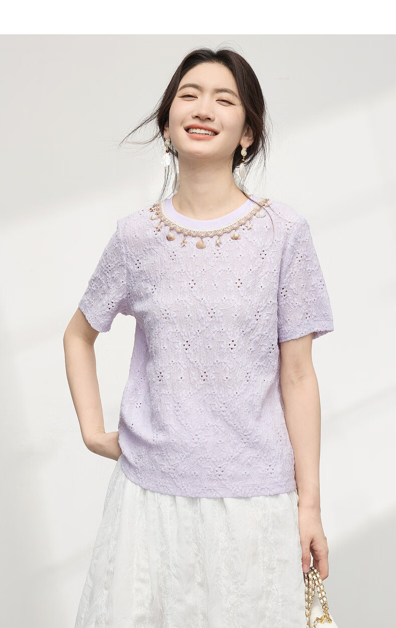 Sllsky Bohemian Heavywork Hollow-out Short Sleeve T-shirt Women Summer 2026 New Elegant Shell Strap Crew Neck Top 16