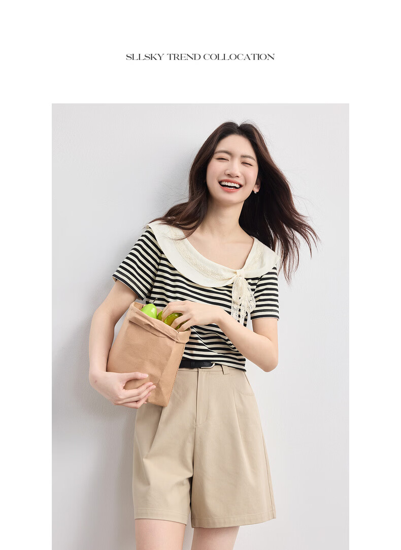Sllsky French Lace Bow Striped Short Sleeve T-Shirt Women 2026 Summer Boutique Doll Shirt Top 15