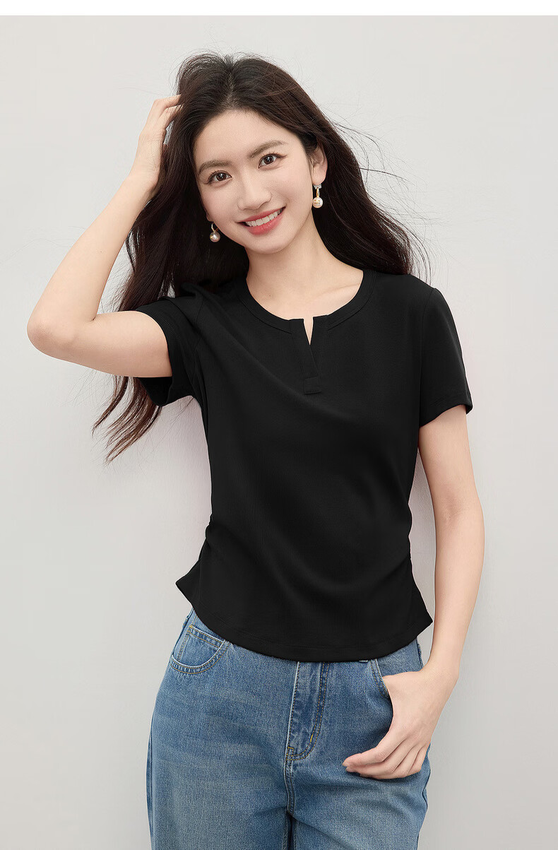 Sllsky Slim Fit Shoulder-Structured Short Sleeve T-Shirt for Women 2026 Summer New Waist-Accentuating Top 15