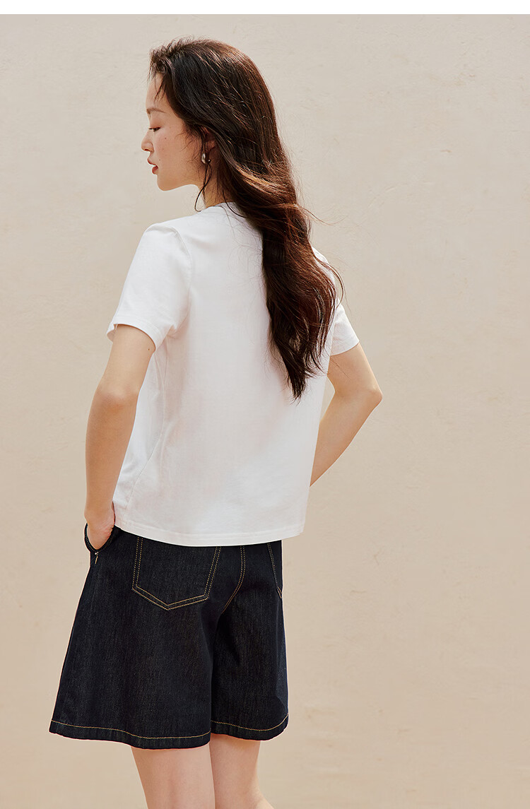 INMAN Classic Cotton Embroidered Crew Neck Short Sleeve T-Shirt Spring 2026 Women's Casual Basic Pearl White M 24