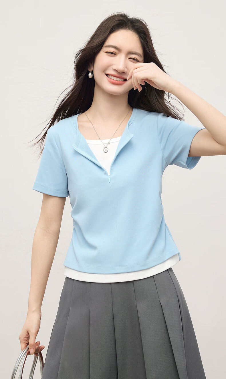 Sllsky Women's Summer 2026 New Slim Fit Shoulder Pleated Waist Short Sleeve Two-Piece Style T-Shirt 5