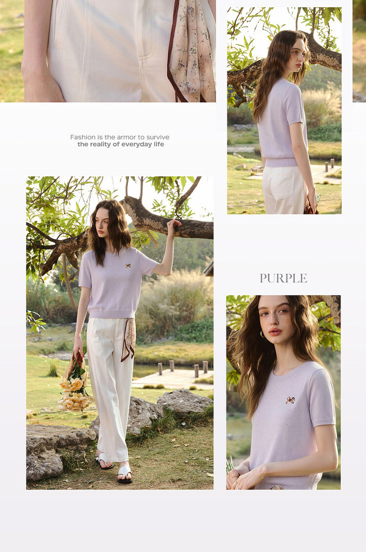 Olrain Casual Simple Color Dot Yarn Pony Embroidery Knit Pullover Women's Summer Top Yellow S 8
