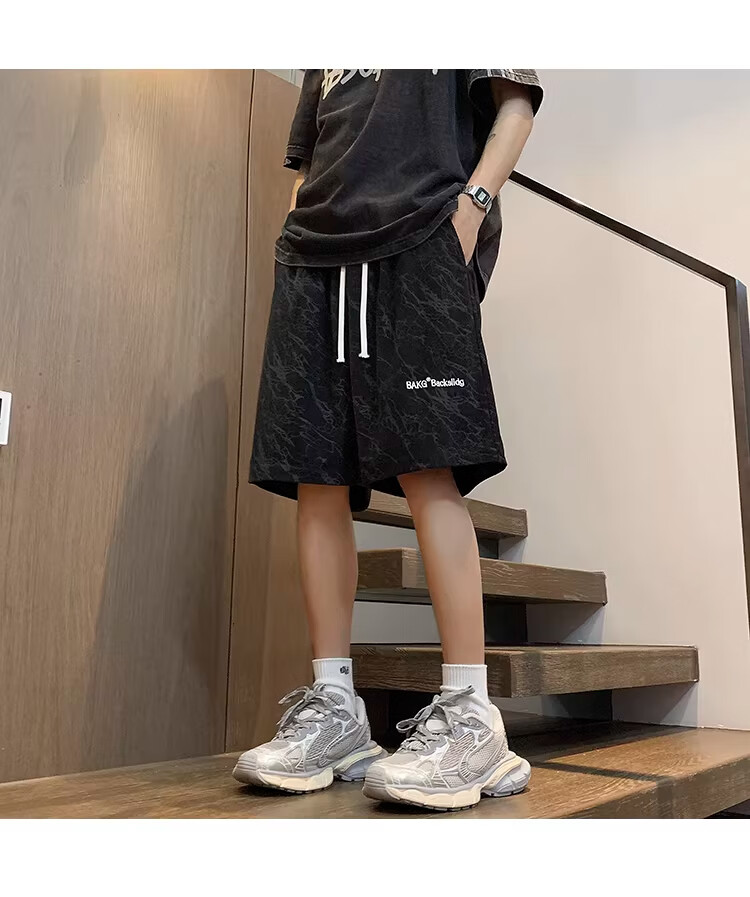 NASA MARVEL American Style Tie-Dye Letter Men's Shorts Summer New Ice Silk Thin Beach Sports Casual Straight Loose Knee-Length Pants 20