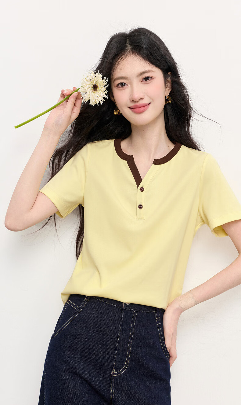 Sllsky Women's Short Sleeve T-Shirt 2026 Summer New Fashion Casual Colorblock Henley Neck Youthful Top 2