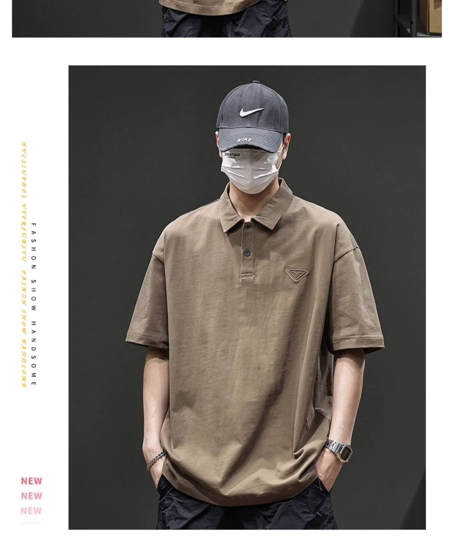 ROMON American Vintage Cotton Short Sleeve T-Shirt Men's Summer Heavyweight Casual Versatile Polo Shirt Black XL 5
