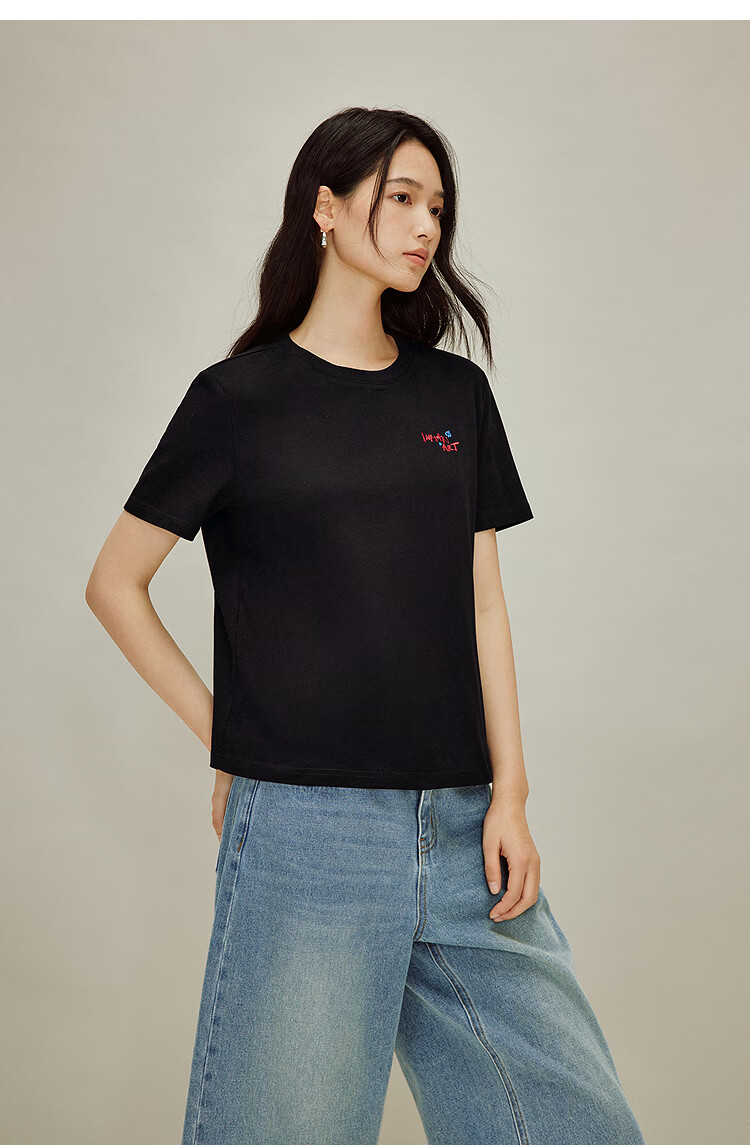 INMAN Classic Cotton Embroidered Crew Neck Short Sleeve T-Shirt Spring 2026 Women's Casual Basic Pearl White M 18