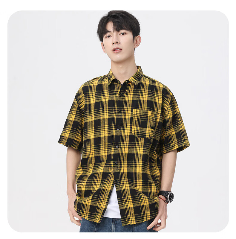 Woodpecker Casual Versatile Plaid Shirt Men 2026 Summer Trendy Ins Thin Loose Short Sleeve Top Black M 21