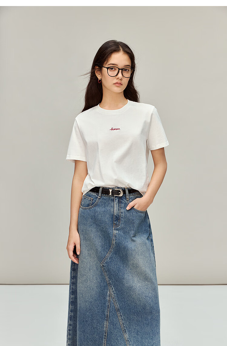 INMAN Classic Cotton Embroidered Crew Neck Short Sleeve T-Shirt Spring 2026 Women's Casual Basic Pearl White M 6