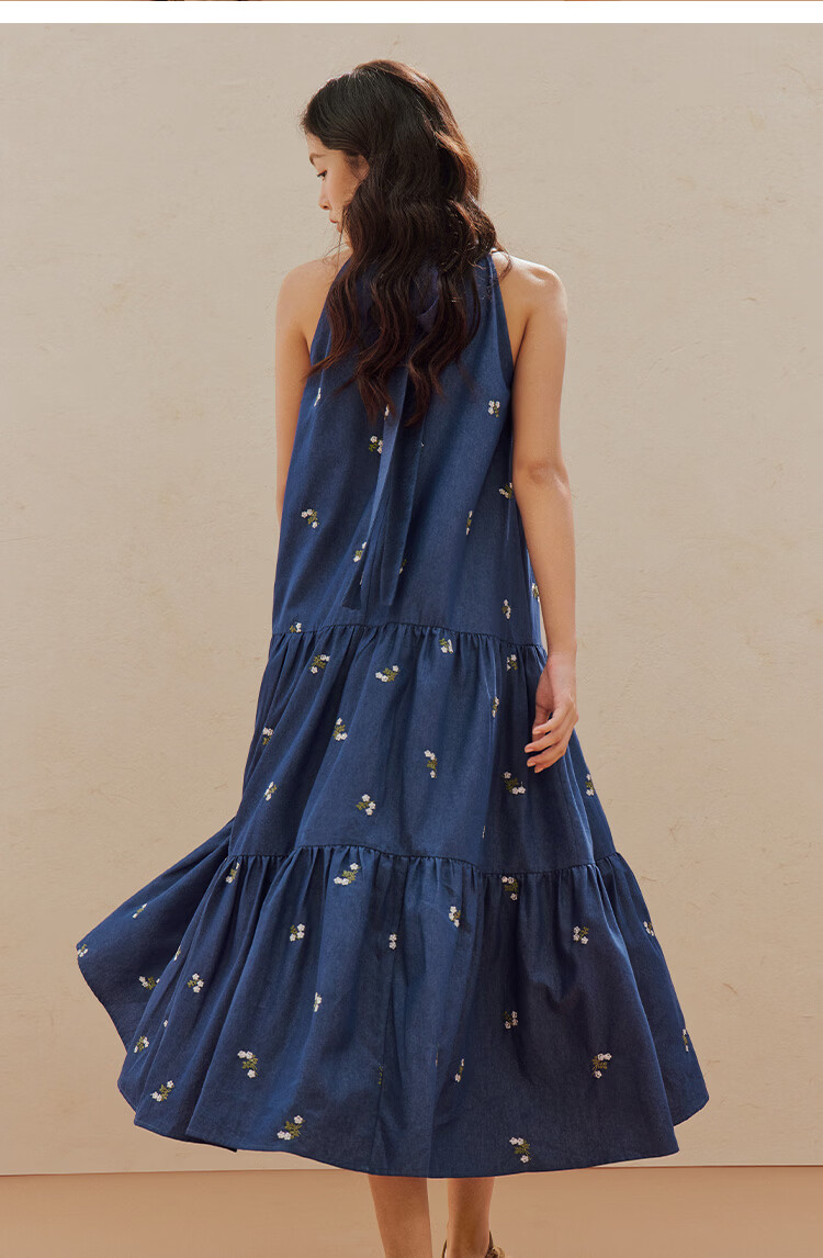 INMAN Floral Embroidered Halter Neck Sleeveless Dress Summer 2026 Women's Long Dress Deep Blue S 18