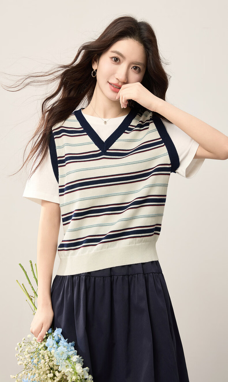 Sllsky College Style Colorblock Striped Patchwork Faux Two-Piece Wool Short Sleeve Knit Top Women 2026 Summer New Arrival 2