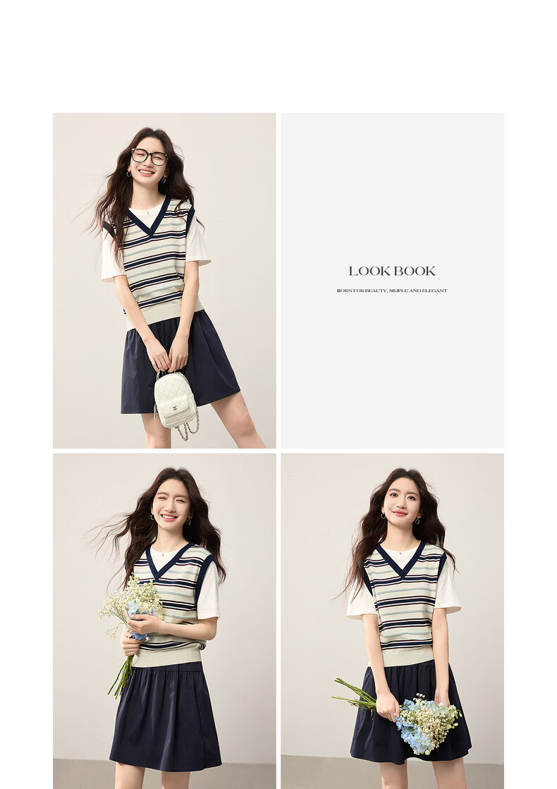 Sllsky College Style Colorblock Striped Patchwork Faux Two-Piece Wool Short Sleeve Knit Top Women 2026 Summer New Arrival 16