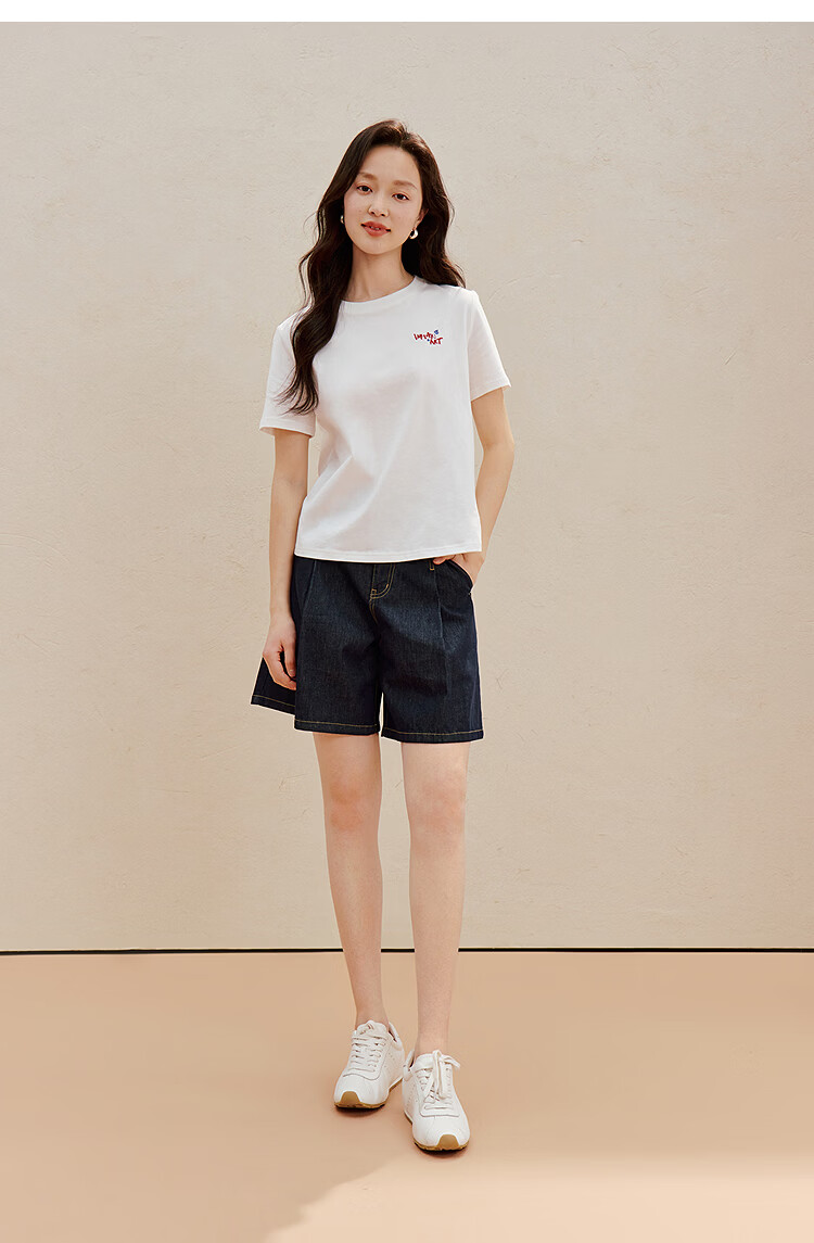 INMAN Classic Cotton Embroidered Crew Neck Short Sleeve T-Shirt Spring 2026 Women's Casual Basic Pearl White M 22