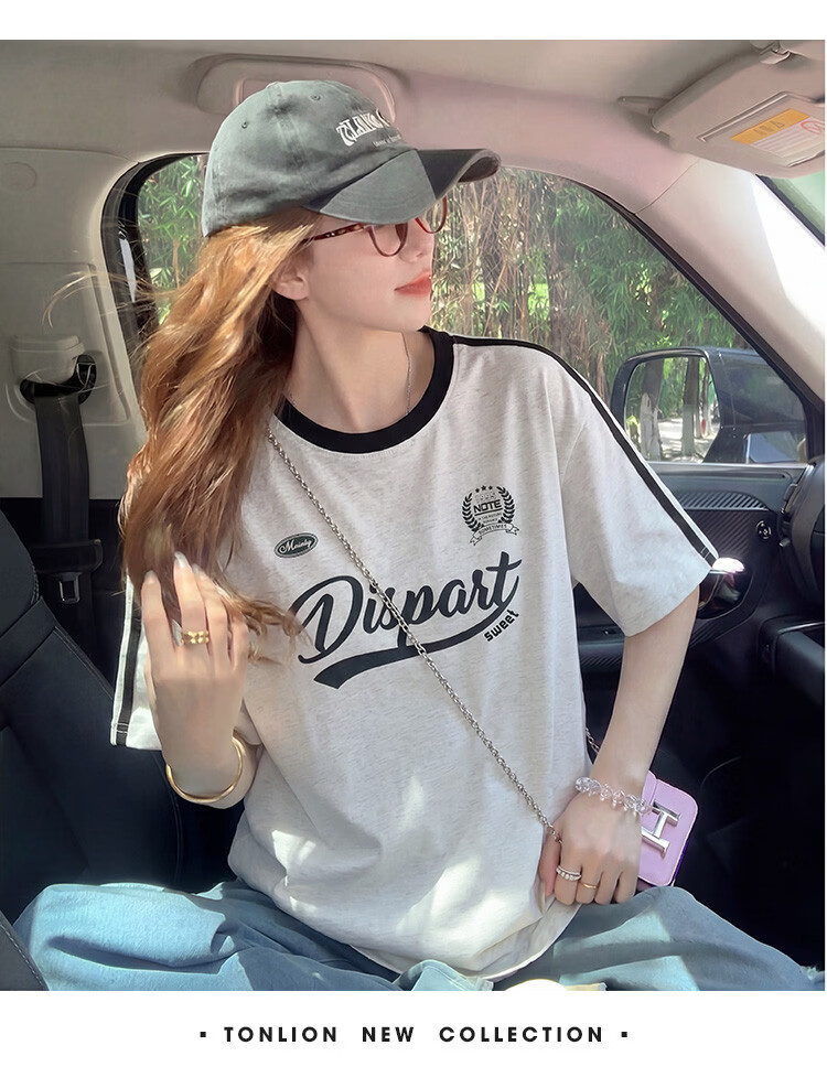TonLion 2026 Summer New Women's Short Sleeve T-Shirt American Style Fashion Pure Cotton Gray Patchwork Unique Design Top 6