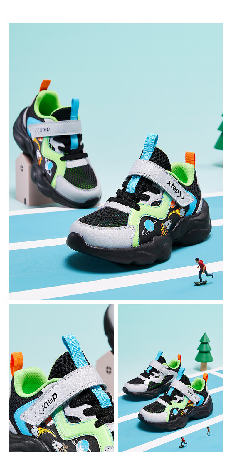 XTEP Kids Mesh Cartoon Element Sports Shoes Non-Slip Sole Boys Casual Shoes Deep Blue/Classic White Size 28 13