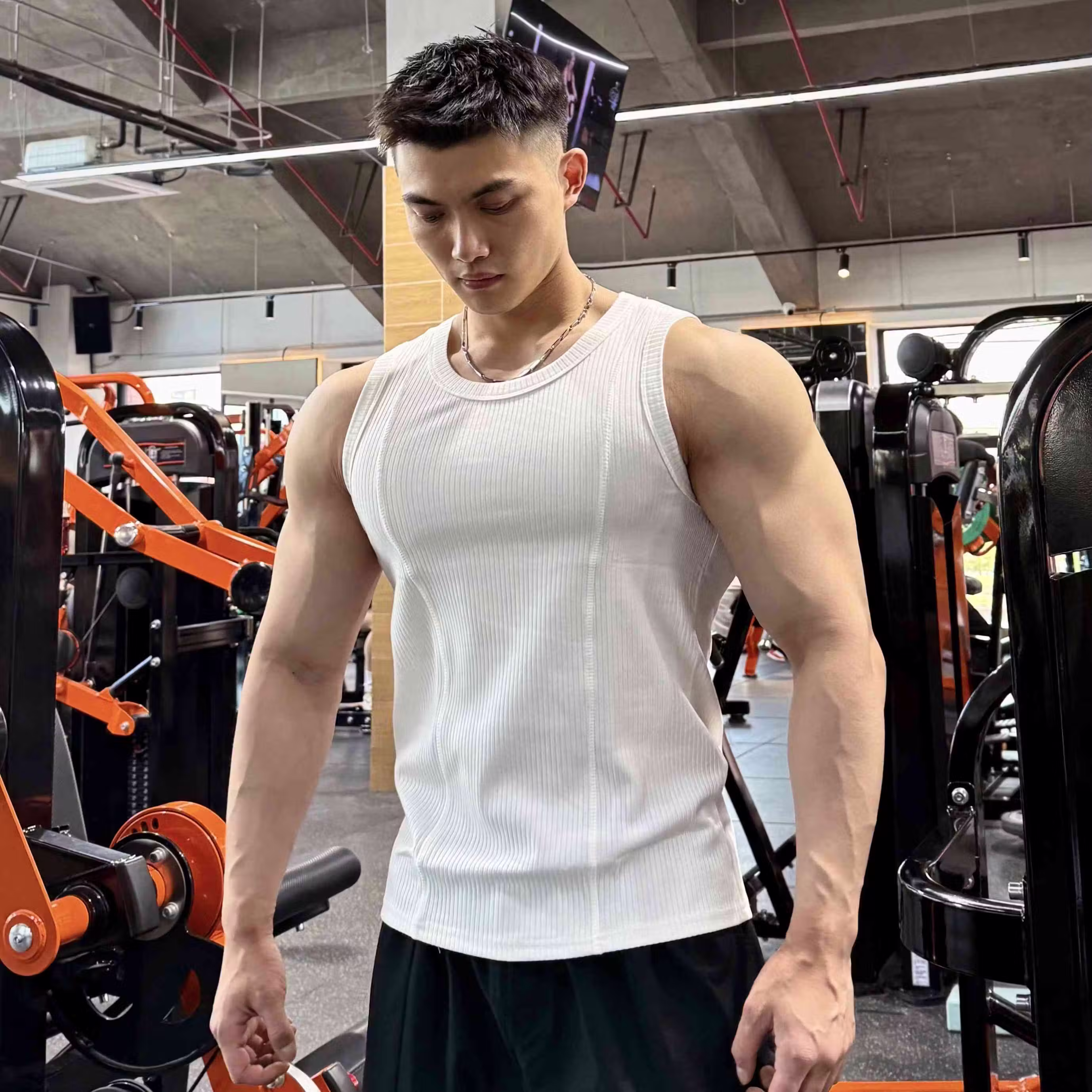 American Retro Heavy Fitness Vest Men's 300g High Elastic Muscle Men's Sports Vest Solid Color 01-TBX White 4XL [recommended 200-115kg]_viptrois.com