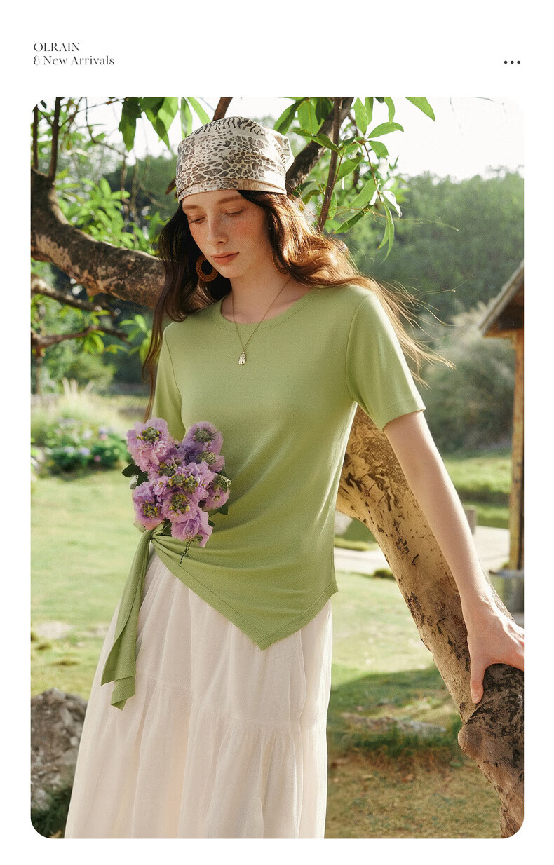 Olrain European Style Summer New French Tie Slim Fit High-End Versatile Short Sleeve T-Shirt for Women Green M 2