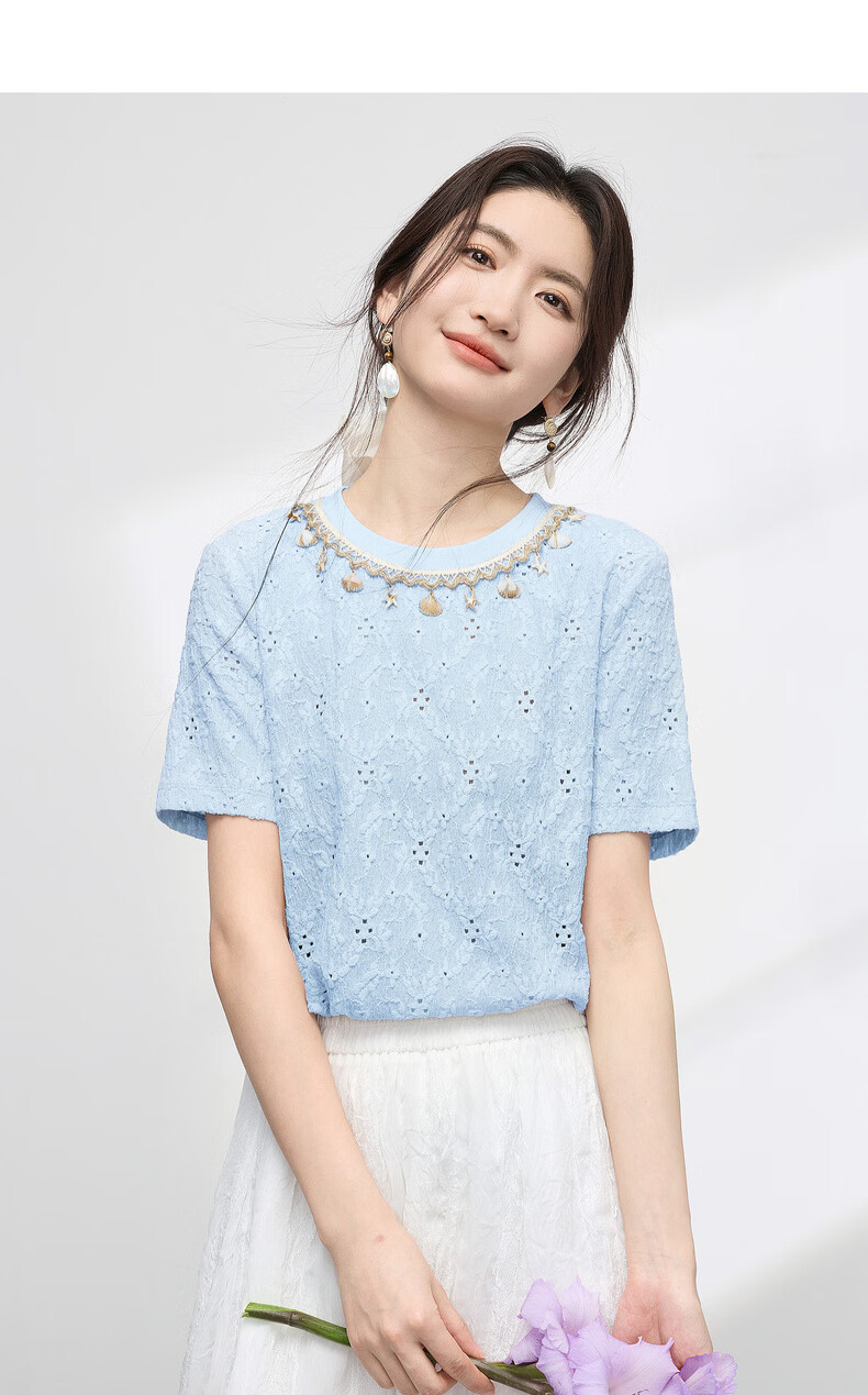 Sllsky Bohemian Heavywork Hollow-out Short Sleeve T-shirt Women Summer 2026 New Elegant Shell Strap Crew Neck Top 24