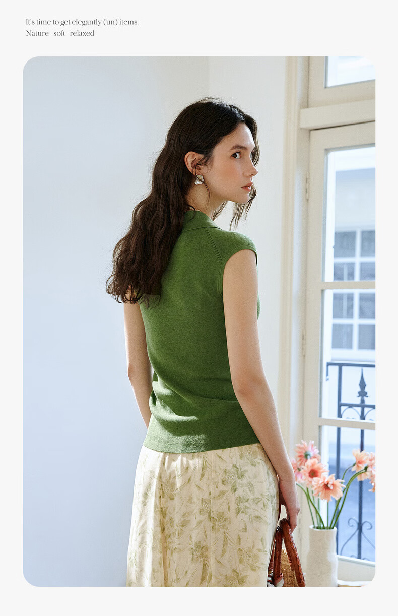Olrain Eurielle Summer New Retro Brightening Green Polo Collar Slim Fit Short Sleeve Knit Top Women Green XL 5