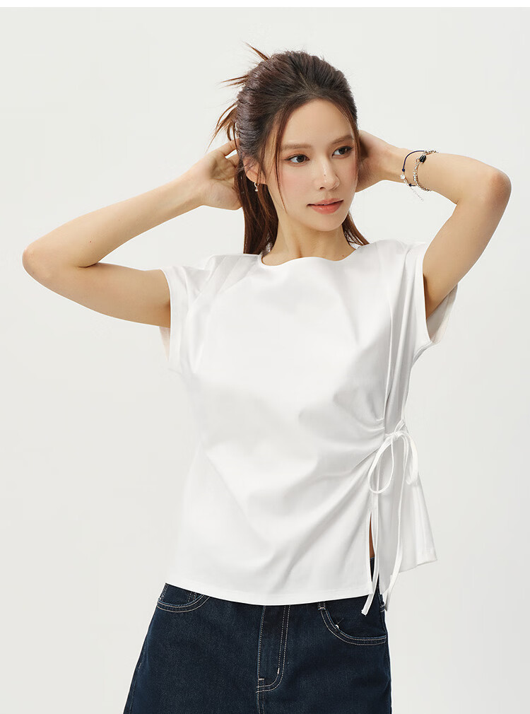 Semir Senrou Women's Summer T-Shirt Off-Shoulder Bow Split Pure Cotton 2026 Gentle Style 109326100010 21