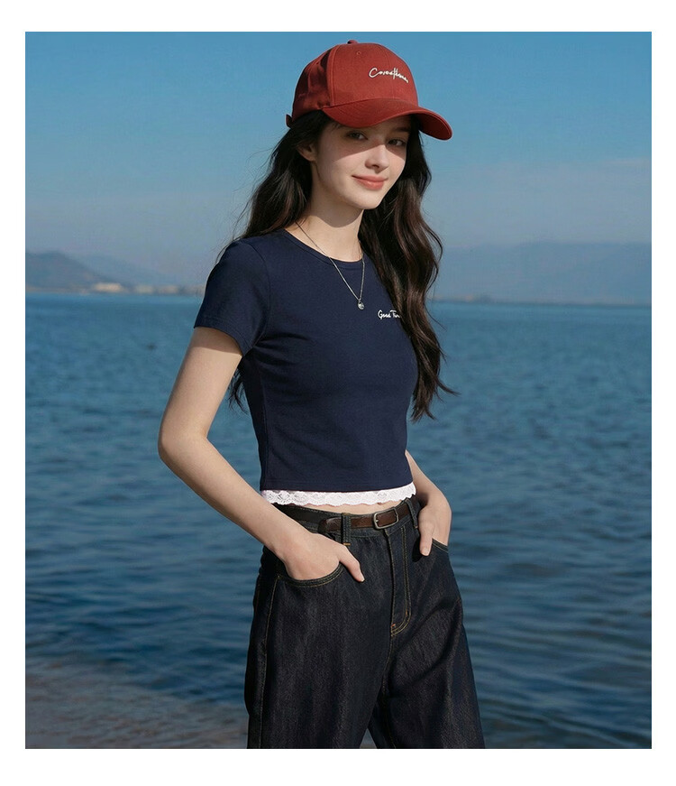 TonLion 2026 Summer New Women's Short Sleeve Slim Fit T-Shirt Navy Blue Lace Patchwork Fashion Trend 6
