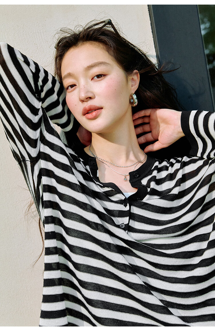 Inman [Linen Tencel] Henry Collar Striped Knit Top Summer New Women's Nautical Style Pullover Klein Blue M 23
