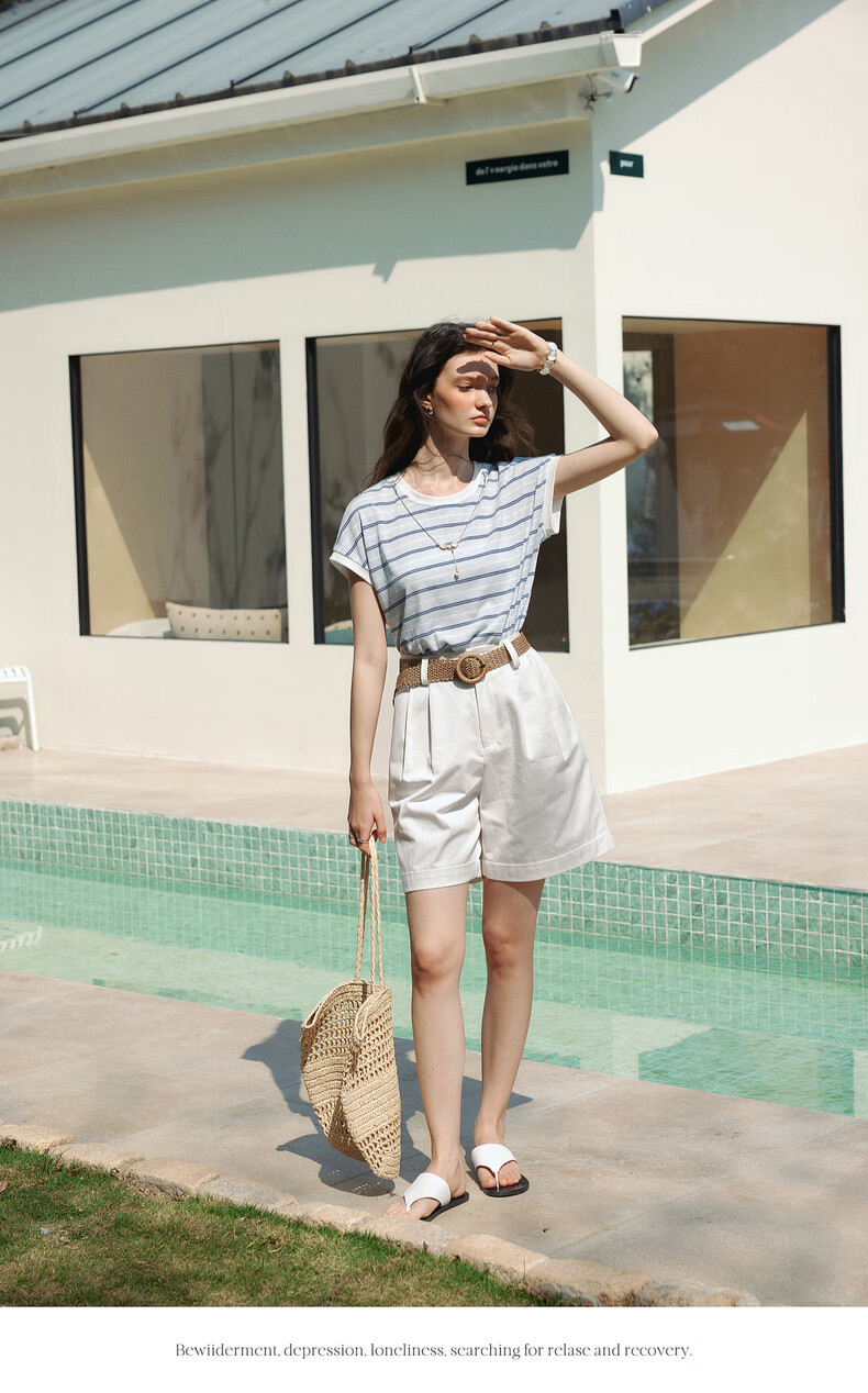 Olrain Summer New Blue and White Color Block Striped Loose Casual Commuting Short Sleeve T-Shirt for Women Striped L 9