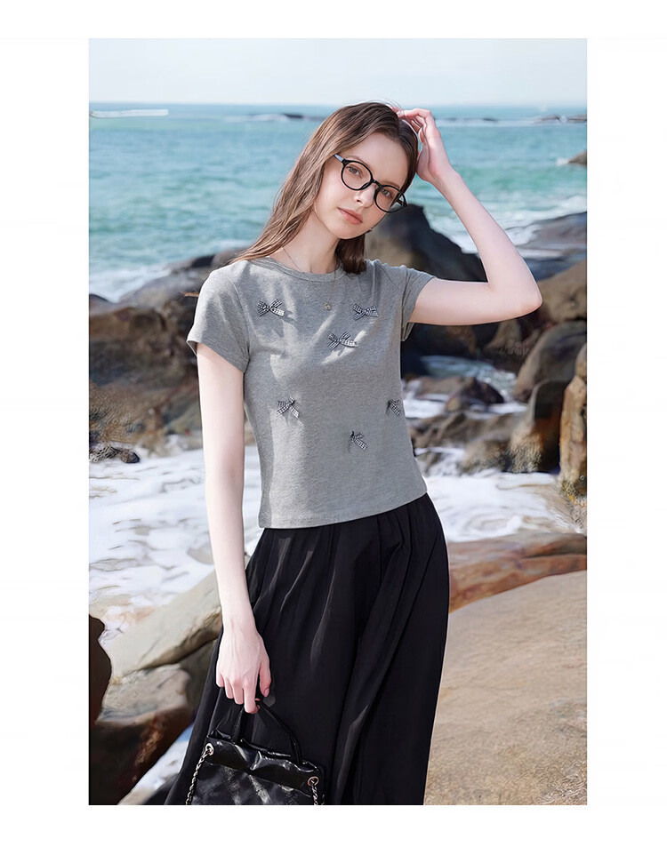 TonLion 2026 Summer New Short Sleeve T-Shirt for Women Black Bow Design Casual Early Spring Youthful Style 16