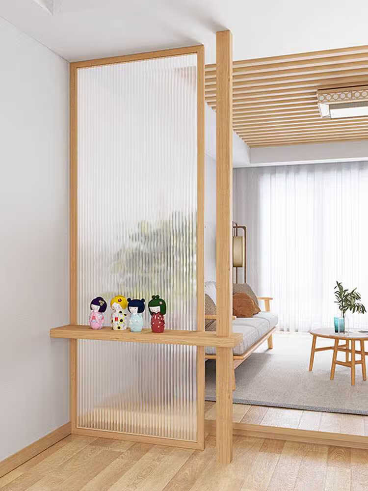 日式原木隔断长虹玻璃屏风实木客厅创意现代简约玄关入户屏风隔断