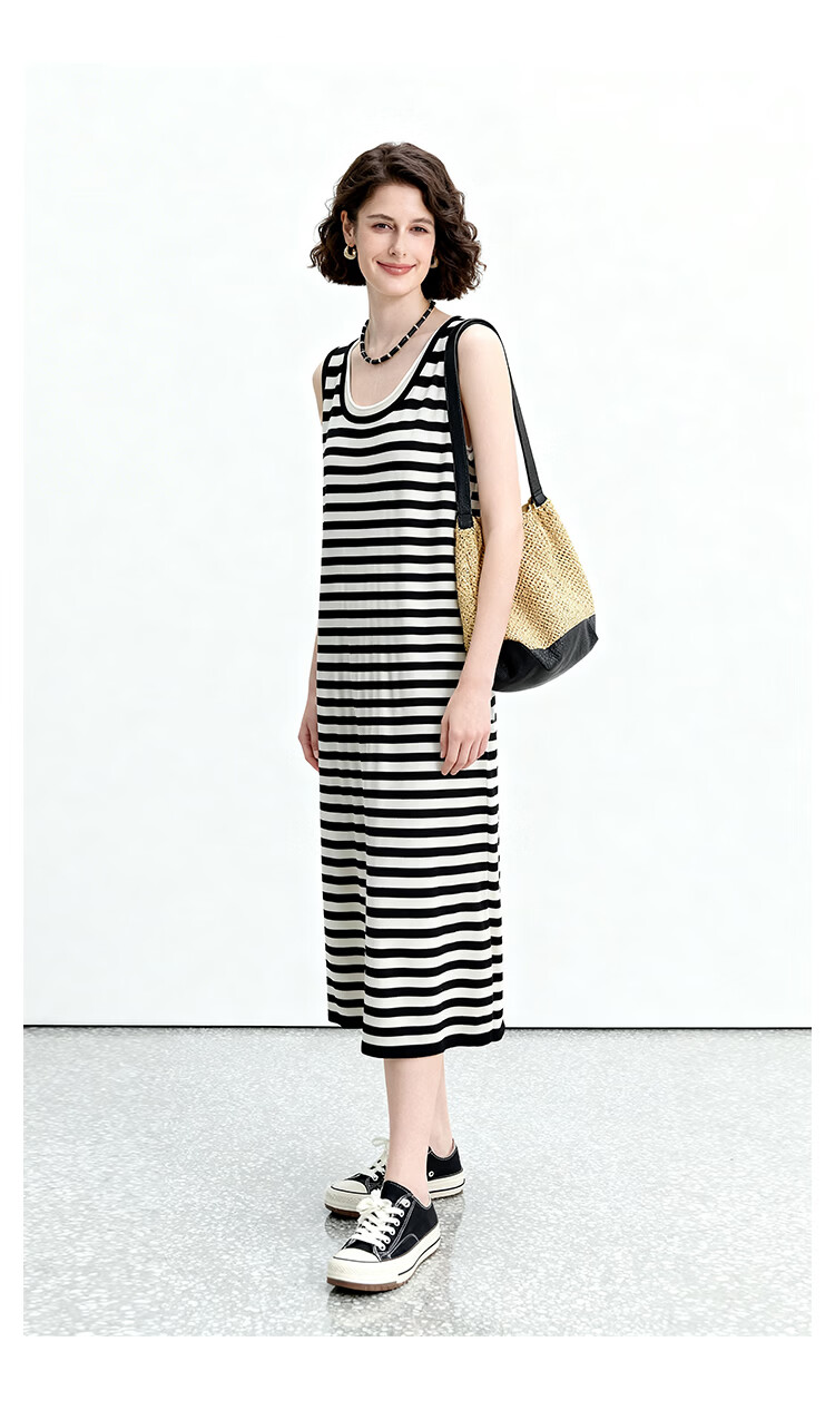ENC Black and White Striped Vest Dress Loose Straight Fit Youthful 2026 Women's Spring Summer Casual Workwear Versatile Dress 9